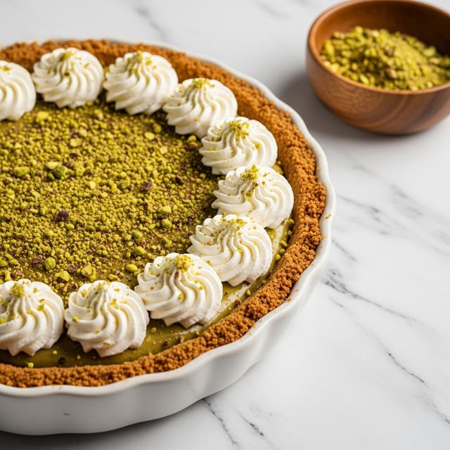 The image shows a pie with three main layers. The bottom layer is a thick, golden-brown crust with a rough, crumbly texture and uneven edges. The middle layer is a smooth filling covered with crushed green pistachios, giving a grainy texture and a greenish-brown color. The top layer consists of white swirls of whipped cream evenly spaced around the edge, each swirl sprinkled lightly with crushed pistachios. The pie is in a white ceramic dish on a white marbled surface, with a wooden bowl of crushed pistachios nearby. Photo taken with an iphone --ar 4:5 --v 7