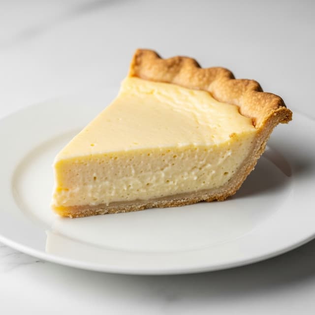 A single slice of pie with a smooth, shiny golden-brown top layer, slightly crisp at the edges, rests on a simple white plate. The filling underneath is thick and light yellow, with a creamy texture that looks soft and rich. The crust at the bottom is thin and evenly browned, with a slightly crumbly texture visible on the side. The white marbled surface under the plate adds a clean and bright background to the image. Photo taken with an iphone --ar 4:5 --v 7