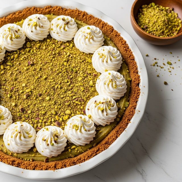 The image shows a pie with three main layers: a thick, golden-brown crust with a rough, crumbly texture forming the base and edges; a smooth, light green filling sprinkled evenly with crushed pistachios; and a ring of white whipped cream swirled into rosettes around the edge of the pie, each topped with more crushed pistachios. The pie is in a white ceramic dish with scalloped edges, placed on a white marbled surface. Photo taken with an iphone --ar 4:5 --v 7
