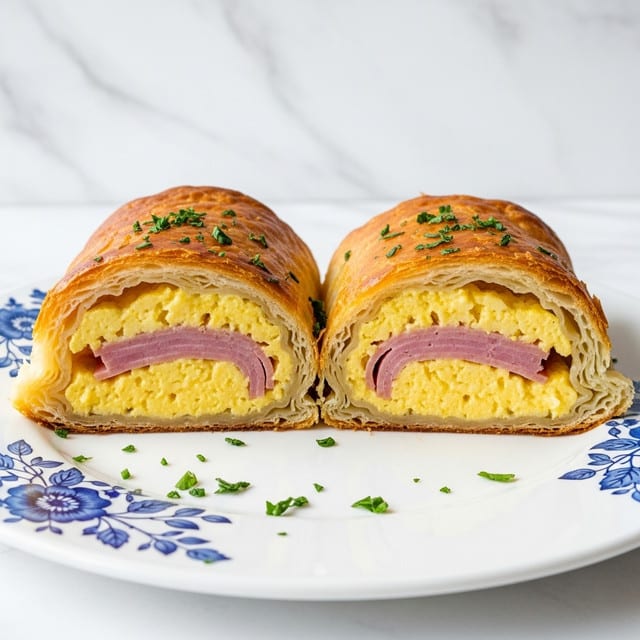Two pieces of golden brown puff pastry cut open to show layers of soft scrambled eggs and a thick slice of pink ham inside, placed side by side on a white plate with blue floral patterns. The pastry has many thin, flaky layers that look crispy, with small green herb pieces sprinkled on top and around the plate. The background is a white marbled texture. photo taken with an iphone --ar 4:5 --v 7