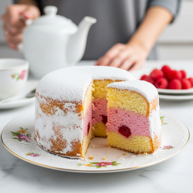 A small round cake sliced into four pieces sits on a white plate with a gold rim. The cake has two layers: a thin, lightly golden outer layer dusted with white powdered sugar, and a thick, soft pink inner layer with a moist texture that has small bits of darker pink or red inside. The cut slices reveal the fluffy inside clearly. In the background, a white marbled surface is visible with a blurred white teapot and a plate of red raspberries. Photo taken with an iphone --ar 4:5 --v 7