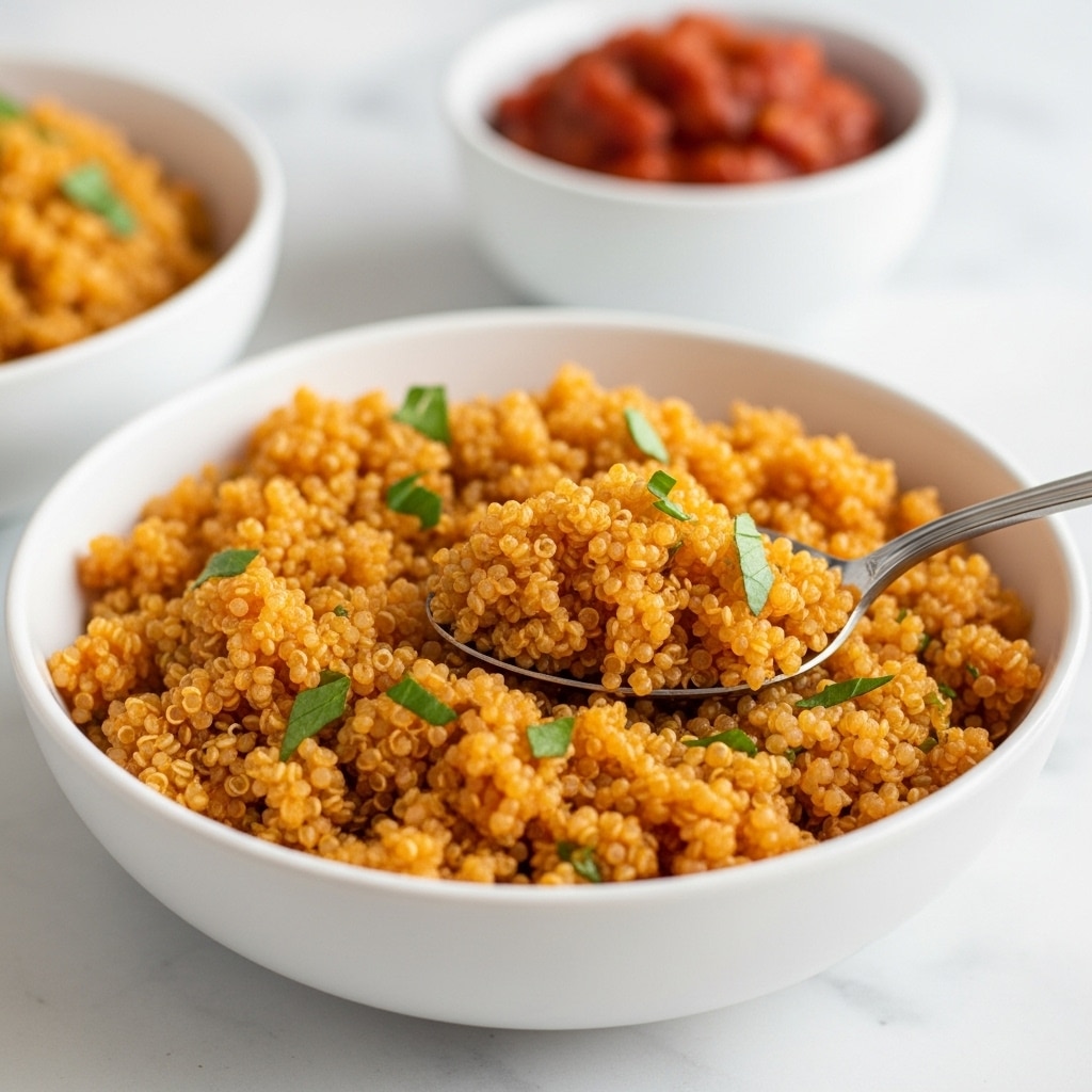 A close-up view shows a white bowl filled with cooked quinoa that has a warm orange color, mixed with small green herb pieces. The quinoa appears fluffy and soft, with some grains lifted by a silver fork inside the bowl. In the blurred background, another white bowl holds a reddish sauce, likely salsa, adding a bright color contrast. The bowls are placed on a white marbled surface, and there are small scattered herb pieces around, enhancing the fresh look. photo taken with an iphone --ar 4:5 --v 7