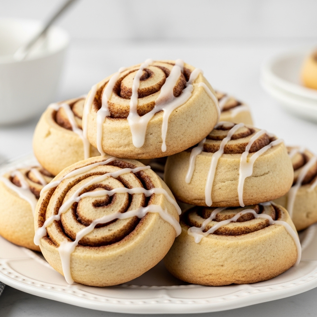 A close-up view of a stack of cinnamon rolls on a white plate, each roll showing a spiral shape with golden-brown dough and visible cinnamon sugar inside. The top layer of the rolls is covered with a smooth, glossy white glaze that drips slightly over the sides, adding a shiny texture. The background and surface have a white marbled texture, with a blurred white bowl and a dollop of white cream in the background. Photo taken with an iphone --ar 4:5 --v 7