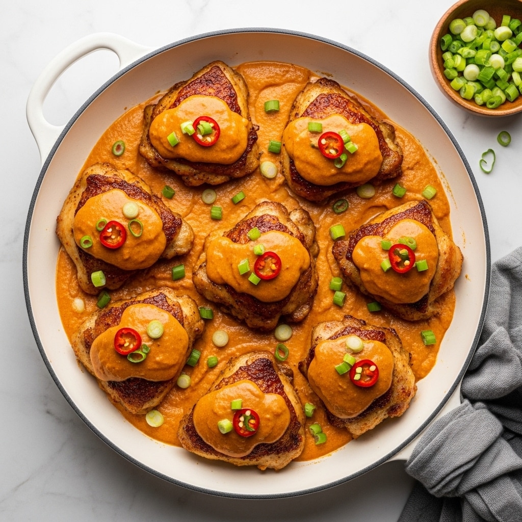 A white pan holds eight pieces of cooked chicken thighs arranged in a circle with a rich, creamy orange sauce covering and pooling around them. The chicken has golden brown, slightly charred spots on top and is topped with small, bright green chopped scallions scattered across the dish. The sauce looks smooth and glossy, with a few small chili flakes visible in it. Around the pan, there are some loose scallions, a wooden bowl filled with more chopped scallions, and a sprig of green herbs on a white marbled surface. Photo taken with an iphone --ar 4:5 --v 7