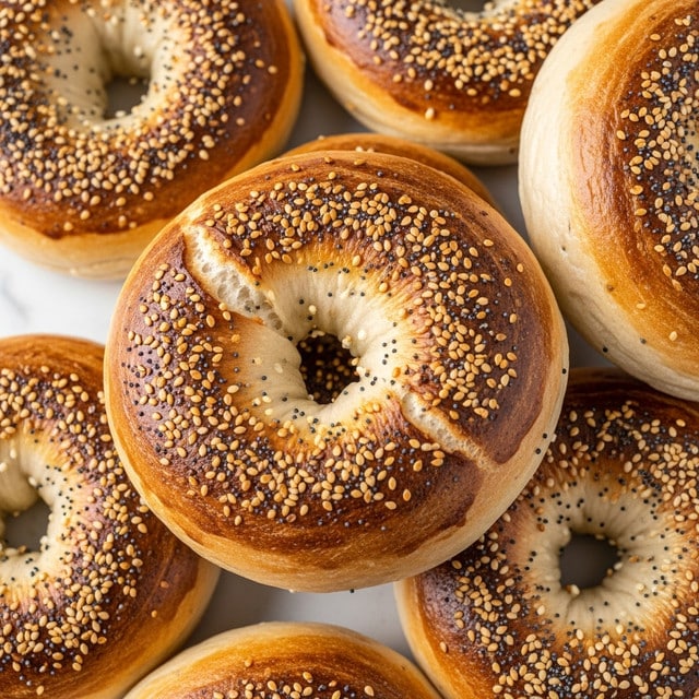 The image shows a close-up of several round bagels with a golden brown, slightly shiny crust. Each bagel has a rough texture with small, uneven bumps and is topped with a mix of white sesame seeds and small black poppy seeds scattered on the surface. The bagels are stacked close together, showing a thick and airy inside with visible air pockets. The background has a white marbled texture beneath the bagels. photo taken with an iphone --ar 4:5 --v 7
