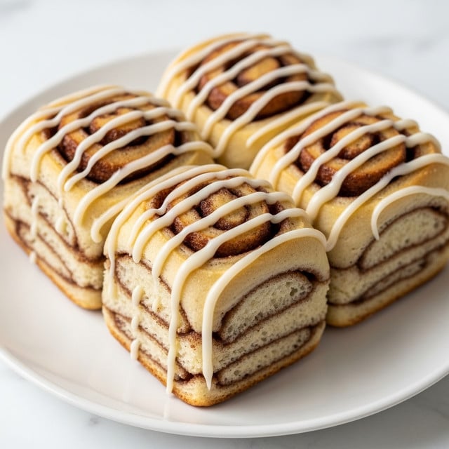 Four square pieces of cinnamon roll sit close together on a white plate, each piece showing visible layers of soft dough with swirls of brown cinnamon filling. The rolls are topped with thick, white cream cheese icing that is evenly drizzled in lines across each piece, with some icing dripping slightly down the sides. The color of the dough is light golden brown, contrasting with the darker cinnamon layers. The background is a white marbled surface. Photo taken with an iphone --ar 4:5 --v 7