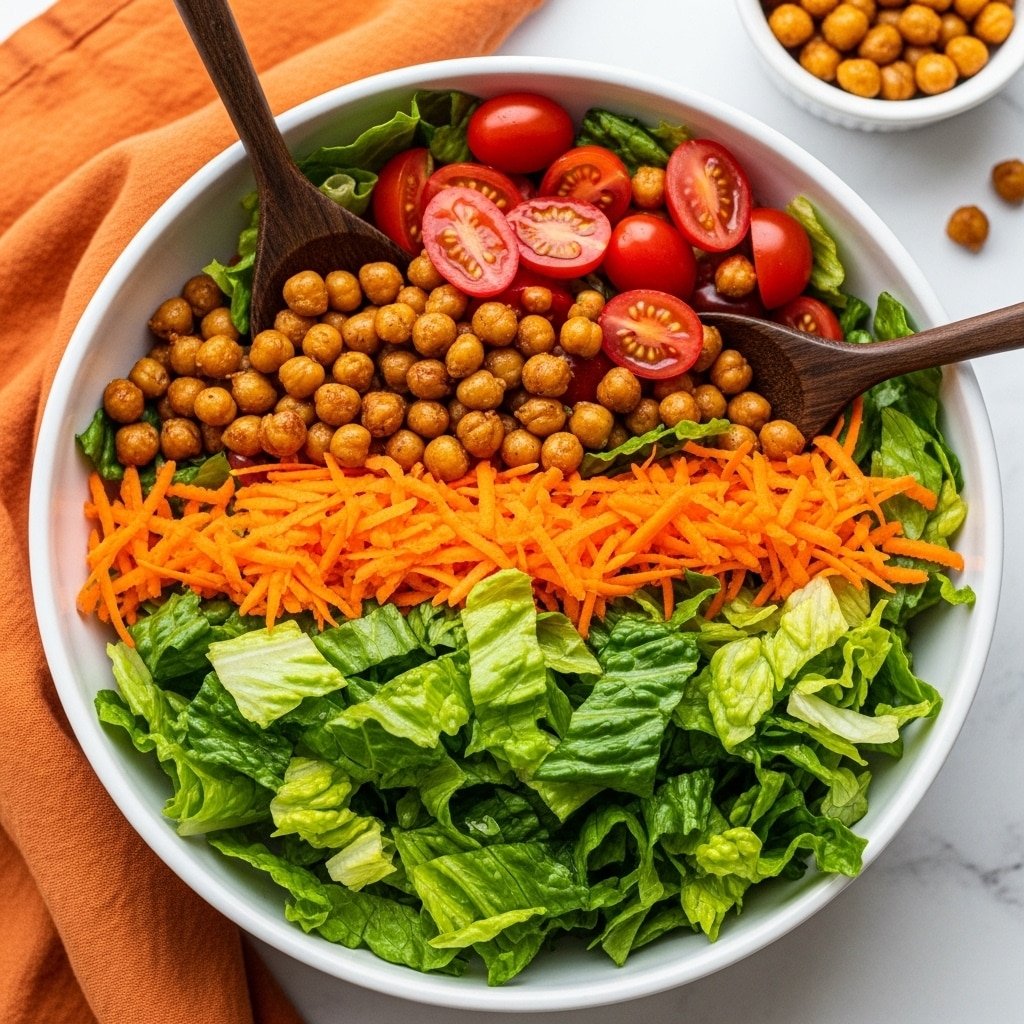 A white bowl filled with a mixed salad showing three main layers: the bottom layer has torn fresh green lettuce leaves with a glossy texture, the middle layer features bright orange shredded carrots scattered evenly, and the top layer includes roasted chickpeas and halved red cherry tomatoes adding a crunchy and juicy look. Two dark wooden salad spoons rest inside the bowl, slightly lifting some salad. The bowl sits on a white marbled surface with an orange cloth partially visible on the side and a small white bowl of roasted chickpeas blurred in the background. photo taken with an iphone --ar 4:5 --v 7