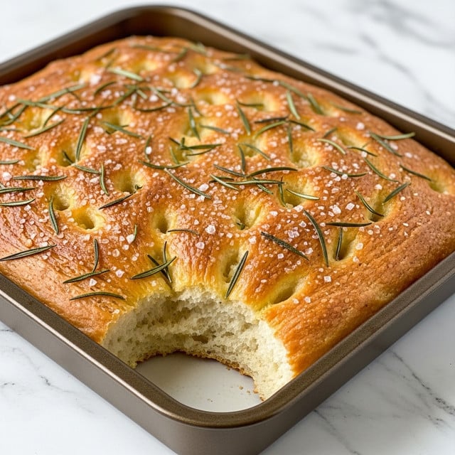 The image shows a close-up of a golden-brown focaccia bread loaf baked in a small rectangular white baking dish. The bread has a soft, airy texture with a slightly shiny, crisp top crust sprinkled with coarse salt and fresh, fine rosemary leaves scattered evenly across the surface. The top layer is lightly dimpled, showing the classic focaccia style. The background features a white marbled texture. Photo taken with an iphone --ar 4:5 --v 7