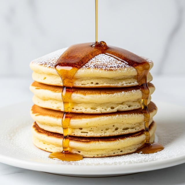 A stack of four thick, fluffy pancakes is placed on a white plate, each layer golden brown with soft, slightly uneven edges showing a light, airy texture inside. The pancakes are dusted with powdered sugar, and rich amber syrup is being poured over the top, slowly flowing down the sides, creating a glossy shine and small pools on the plate. The background is a white marbled texture. photo taken with an iphone --ar 4:5 --v 7