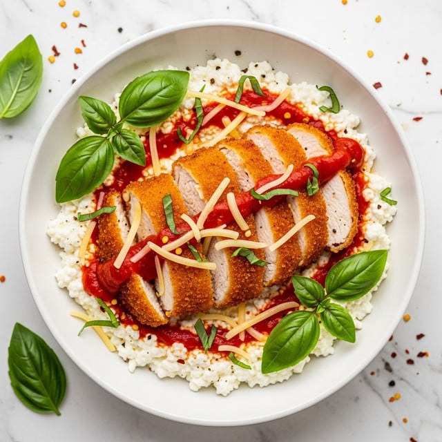 A white bowl filled with a base layer of white cottage cheese with a creamy texture that covers the bottom. On top, there are five thick slices of golden-brown crispy chicken arranged slightly overlapping in the center. The chicken’s inside is white and juicy, showing good contrast with the crunchy crust. Bright red sauce is drizzled over the chicken and around the bowl, adding a glossy texture. Shredded light yellow cheese is scattered over the chicken and cottage cheese layers. Fresh deep green basil leaves, some whole and some sliced thinly, are placed on the chicken slices and around the bowl’s edges, adding color and freshness. The bowl sits on a white marbled surface with a few scattered flakes of red pepper and cracked black pepper. Photo taken with an iphone --ar 4:5 --v 7