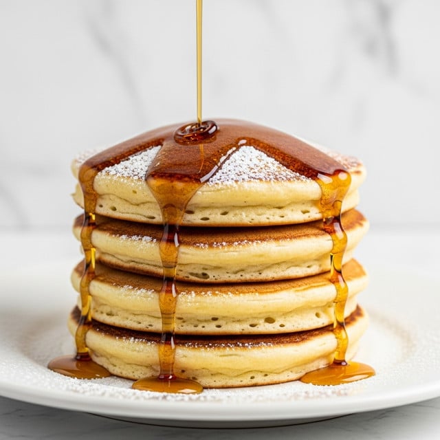 A stack of four thick, golden pancakes sits in the center of a white plate, each pancake fluffy with a slightly crispy edge. The top pancake is dusted lightly with powdered sugar, and warm syrup is being poured over the stack, glistening as it drips down the sides. The background is a smooth white marbled texture, making the pancakes and syrup the focus. photo taken with an iphone --ar 4:5 --v 7