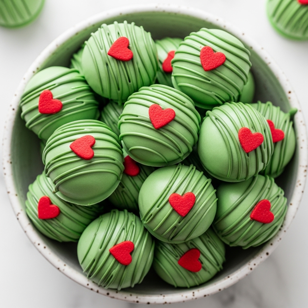 The image shows a bowl filled with smooth, round green truffles, each coated in a light green layer. Most truffles have thin, wavy lines of a slightly darker green drizzled over their surface, adding texture and variation. On top of every truffle sits a small flat red heart decoration. The bowl holding the treats is white with a slightly rough texture, and the background is a white marble surface. photo taken with an iphone --ar 4:5 --v 7