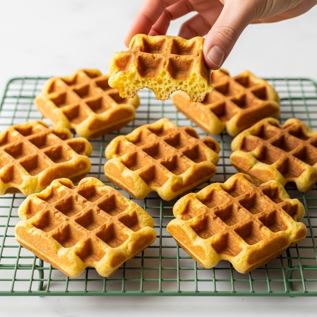 A close-up image shows six square waffles with a golden color and crisp texture arranged on a green cooling rack placed on a white marbled surface. The waffles have deep grid patterns with rounded edges. A woman's hand is holding one of the waffles above the rack, breaking it slightly to show the soft inside with a light yellow hue. The lighting highlights the warm, appetizing tone of the waffles. Photo taken with an iphone --ar 4:5 --v 7