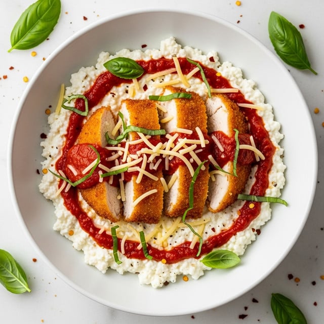 The dish is served in a white bowl placed on a white marbled surface, featuring a base layer of creamy white cottage cheese with a slightly chunky texture. On top of this, several thick slices of golden brown crispy chicken are arranged slightly overlapping in the center. A rich red sauce with a smooth texture is drizzled over the chicken and cottage cheese. Thin shreds of pale yellow cheese are scattered over the dish, along with fresh dark green basil leaves, some whole and some sliced thinly. The overall look is vibrant with warm tones from the chicken and sauce contrasted by the white base and fresh green herbs. Photo taken with an iphone --ar 4:5 --v 7
