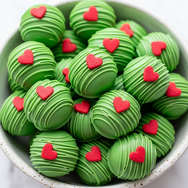 The image shows a bowl filled with round green truffles, each coated in a smooth, matte green layer. Some truffles have thin green lines drizzled over the top, adding texture and dimension. Each truffle is topped with a small, bright red heart-shaped decoration. The bowl is white with a rough, speckled texture around the rim, contrasting with the smooth truffles. The background is a white marbled surface, giving a clean and elegant look. photo taken with an iphone --ar 4:5 --v 7