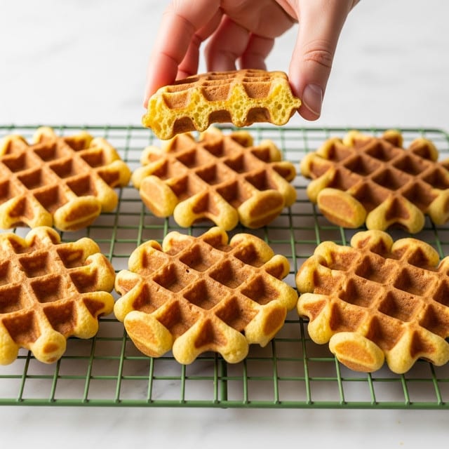 The image shows six golden-yellow waffles with a fluffy texture placed on a green cooling rack. One waffle is broken in half, showing its light, soft inside. A woman's hand is holding one of the halves in the center of the image. The background is a white marbled texture, highlighting the warm color of the waffles. photo taken with an iphone --ar 4:5 --v 7