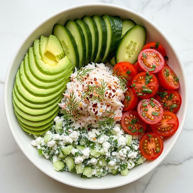A white bowl contains a fresh and colorful layered salad arranged in sections. The base layer is creamy white cottage cheese mixed with finely chopped green cucumber and herbs. On top, there are bright green avocado slices fanned out on one side, next to thick slices of dark green cucumber. Opposite the avocado, vibrant red halved cherry tomatoes are grouped together, sprinkled with chopped green herbs. In the center, there is a serving of white crab or lobster meat garnished with small sprigs of feathery green dill and light crushed red pepper flakes. The bowl sits on a white marbled background. Photo taken with an iphone --ar 4:5 --v 7
