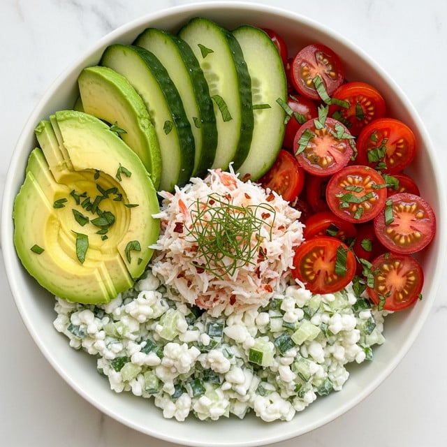 A white bowl filled with a fresh salad layered in sections: at the top left, thinly sliced avocado with a smooth, bright green texture; next to it, round green cucumber slices with a moist, shiny surface; to the right, halved cherry tomatoes showing a bright red, juicy interior; below the avocado and cucumber slices, diced cucumber pieces in light green with a crisp texture; in the center, white chunks of cooked chicken sprinkled with fresh green dill and black pepper; and at the bottom right, creamy white cottage cheese mixed with small green vegetable bits; everything is arranged neatly on a white marbled surface. Photo taken with an iphone --ar 4:5 --v 7