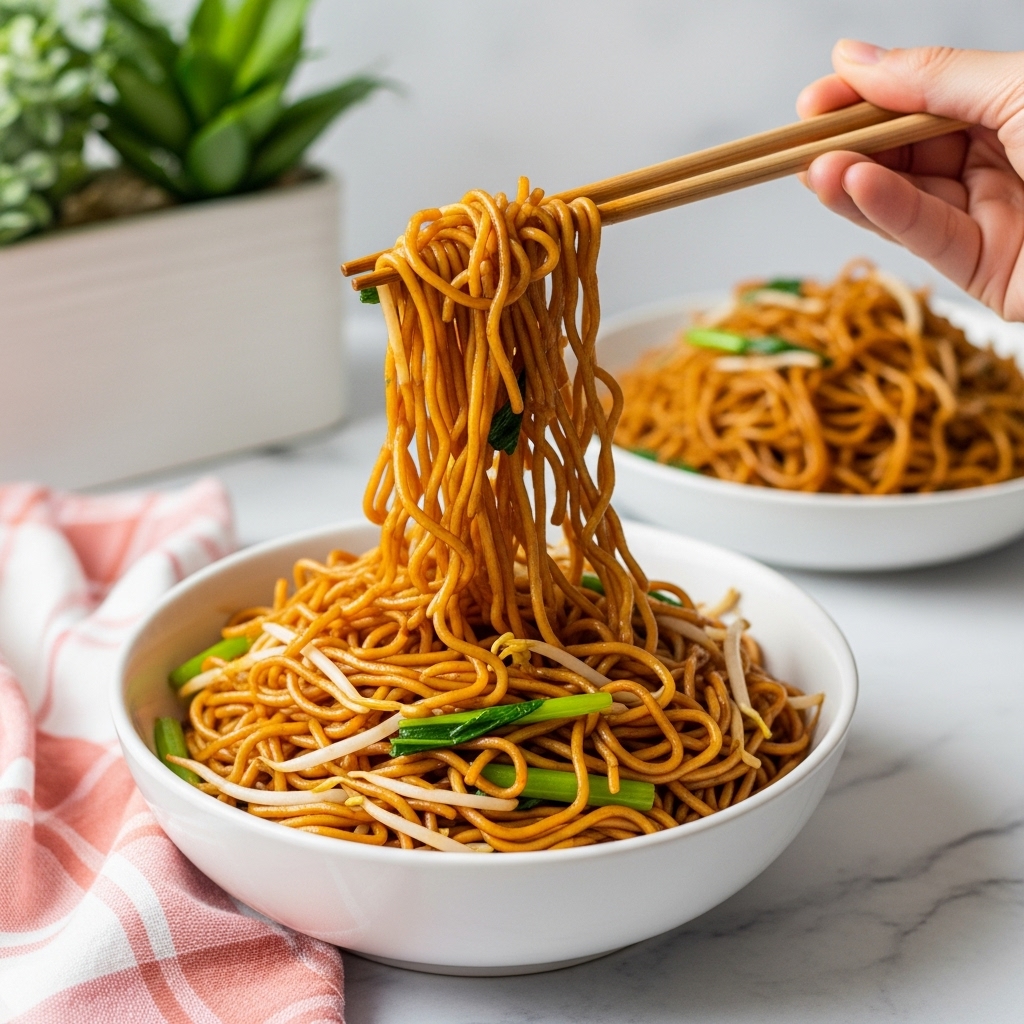 The image shows a white bowl filled with thin, cooked noodles that are golden brown in color. Mixed in with the noodles are white bean sprouts and small pieces of green vegetables. A woman's hand is holding light pink chopsticks lifting a portion of noodles above the bowl, displaying the tangle of noodles clearly. In the background, there is another white bowl of noodles, some green plants, and a white marbled surface. A pink checkered cloth is placed in the bottom foreground. The overall look is bright and fresh with a focus on the noodles. photo taken with an iphone --ar 4:5 --v 7