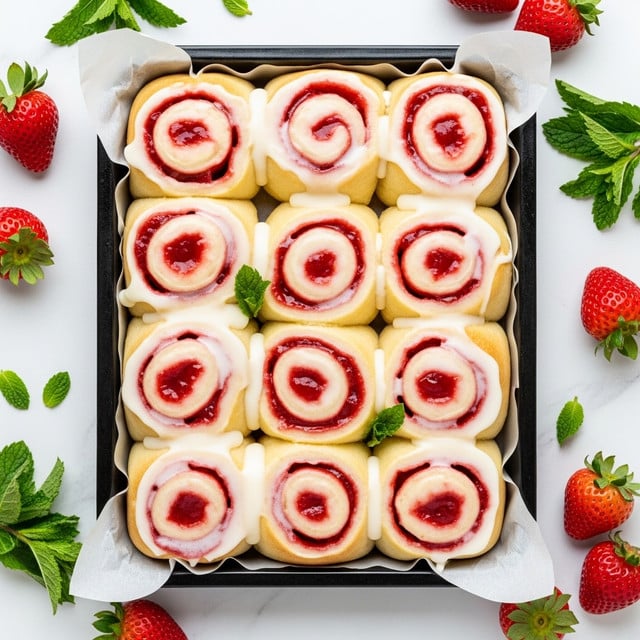 The image shows a tray filled with ten soft, golden-brown strawberry rolls. Each roll has a spiral shape with bright red strawberry filling clearly visible in the swirls, covered by a smooth, creamy white icing that slightly drips down the sides. The rolls are closely packed in a black tray lined with white parchment paper, placed on a white marbled surface. Around the tray, there are fresh whole strawberries with green leaves and a few mint leaves scattered, adding a fresh touch and bright red and green colors to the scene. Photo taken with an iphone --ar 4:5 --v 7