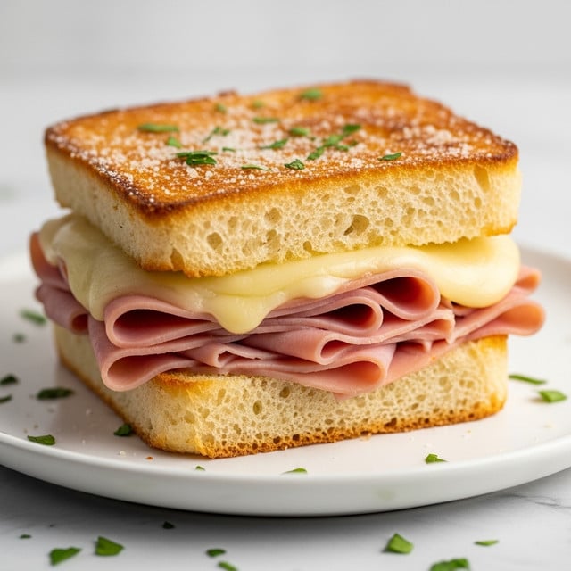 A close-up of a thick sandwich square with three main layers: the top layer is a golden-brown toasted crust with a slightly crispy and bubbly texture, lightly dusted with white powder and small green herb bits; the middle layer is creamy and pale yellow melted cheese, soft and gooey, sitting above a stack of thin, folded pink ham slices; the bottom layer is a fluffy, airy bread that is light beige in color with visible soft holes. The sandwich is placed on a white plate with small green herbs scattered around, all set on a white marbled surface. Photo taken with an iphone --ar 4:5 --v 7