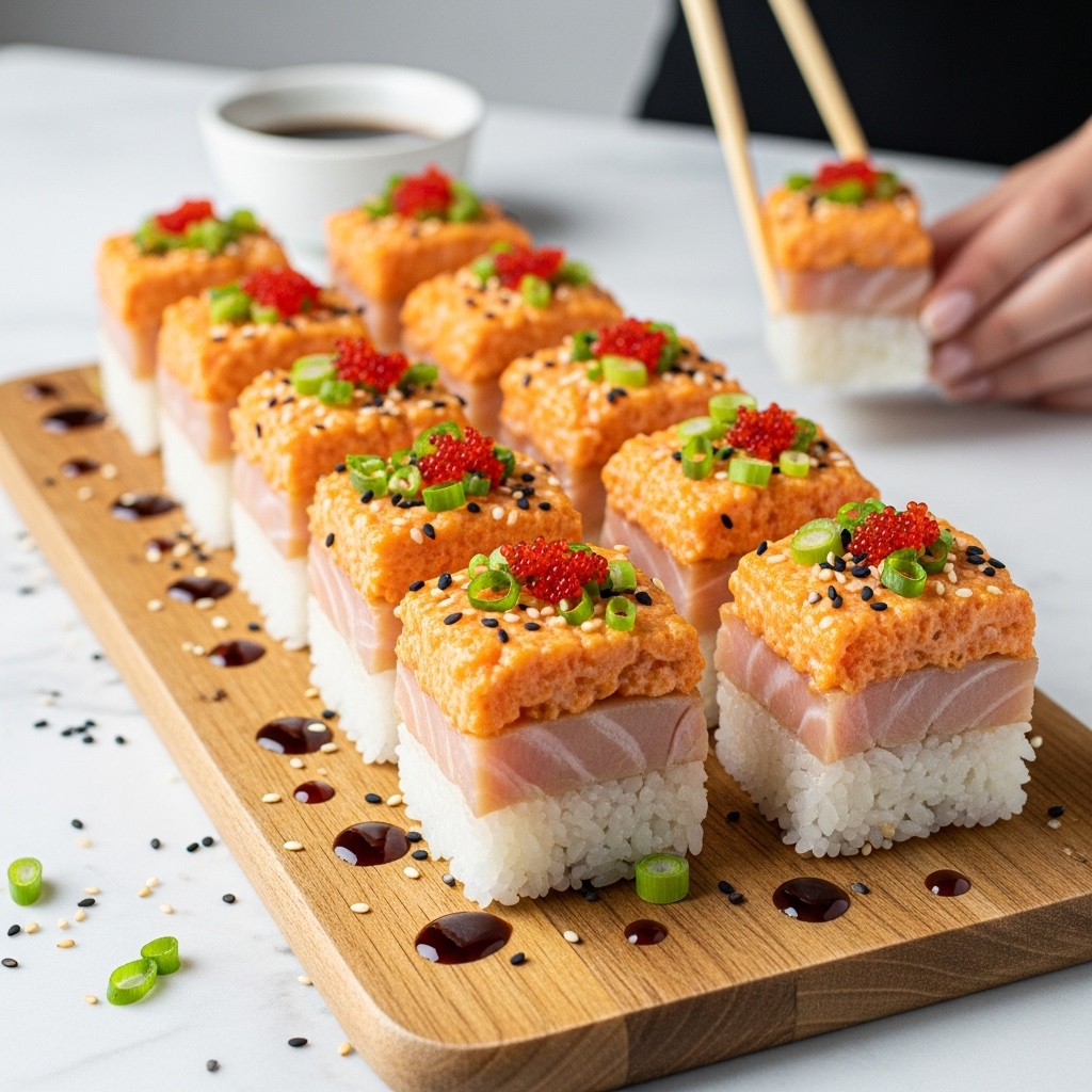 The image shows a wooden board on a white marbled surface with a row of sushi cubes, each made of three layers: at the bottom is white rice, in the middle a slice of firm, light pink fish, and on top a thick layer of bright orange cooked salmon mixed with sauce. The top layer is garnished with small red fish roe, green sliced scallions, and sprinkled black and white sesame seeds. There are drops of dark soy sauce around the sushi on the board. A small white bowl with soy sauce and a woman's hand holding one piece with chopsticks are visible in the background. Photo taken with an iphone --ar 4:5 --v 7