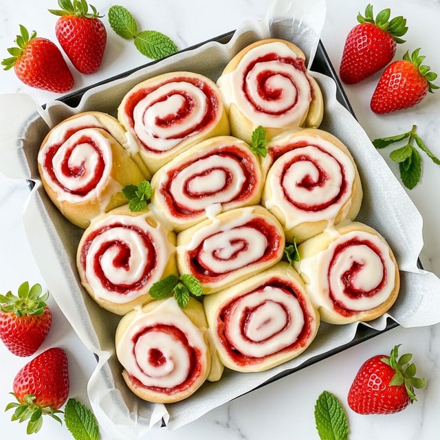 A close-up view of a baking pan filled with nine soft strawberry cinnamon rolls arranged in three rows. Each roll has a golden-brown dough base with bright red strawberry filling swirled inside. The rolls are topped with a smooth, creamy white icing that covers the top and drips slightly down the sides. The pan rests on a white marbled surface, and fresh whole strawberries with green leaves are scattered around the pan, adding bursts of vibrant red and green color. Photo taken with an iphone --ar 4:5 --v 7