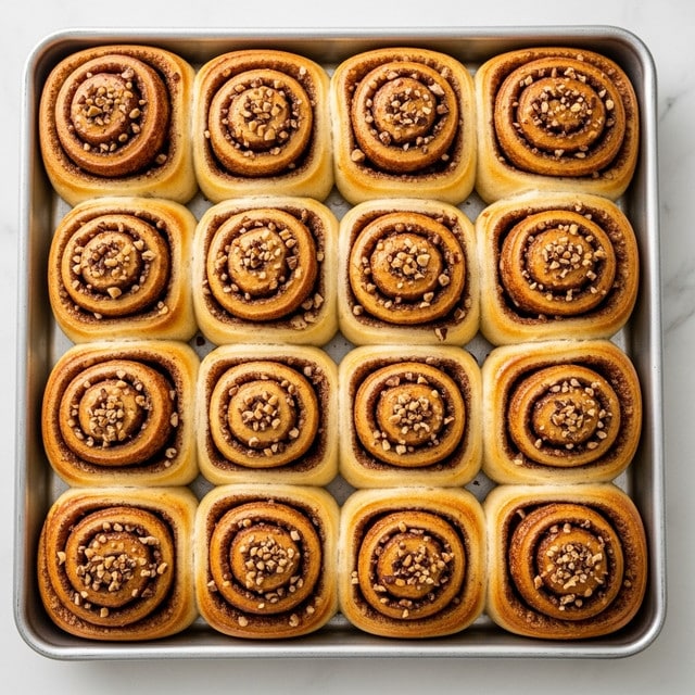 The image shows a metal baking tray filled with 15 golden-brown cinnamon rolls arranged in three rows of five. Each roll has visible swirls with a mix of light and darker brown tones from the cinnamon filling, topped with small bits of chopped nuts. The rolls are slightly shiny, indicating a light glaze, and have a soft fluffy texture. The tray sits on a white marbled surface that is bright and clean, complementing the warm tones of the rolls. Photo taken with an iphone --ar 4:5 --v 7