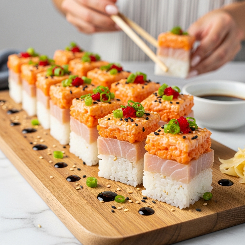 The image shows a row of sushi pieces on a wooden board, each piece having three layers: a base of white rice, a thick middle layer of light orange cooked salmon topped with dark red-orange fish roe, green chopped scallions, white sesame seeds, and a drizzle of dark soy sauce. The sushi is arranged closely, with small dishes of dipping sauce in the background on a white marbled surface. A woman's hand holds a pair of chopsticks picking up one piece. The colors are vibrant, with a mix of white, orange, green, dark brown, and red-orange. Photo taken with an iphone --ar 4:5 --v 7