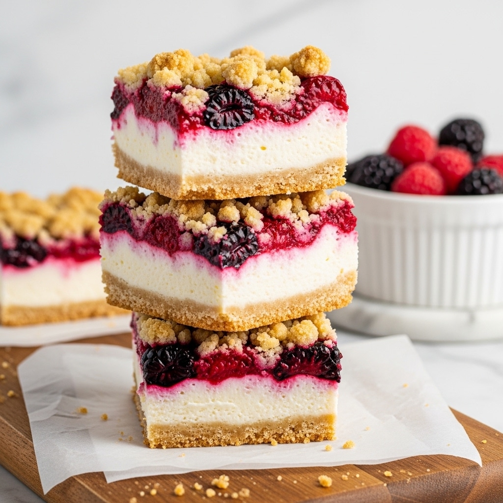The image shows three stacked dessert bars on a wooden board lined with parchment paper. Each bar has four layers: at the bottom, a firm light brown crust; above that, a thick creamy white cheesecake layer; next, a bright layer of mixed berries with deep red and purple colors showing through; the top layer is a crumbly golden-brown streusel with a rough texture sprinkled unevenly. In the background, a white ramekin filled with reddish-purple berries sits on a white marbled surface. Photo taken with an iphone --ar 4:5 --v 7