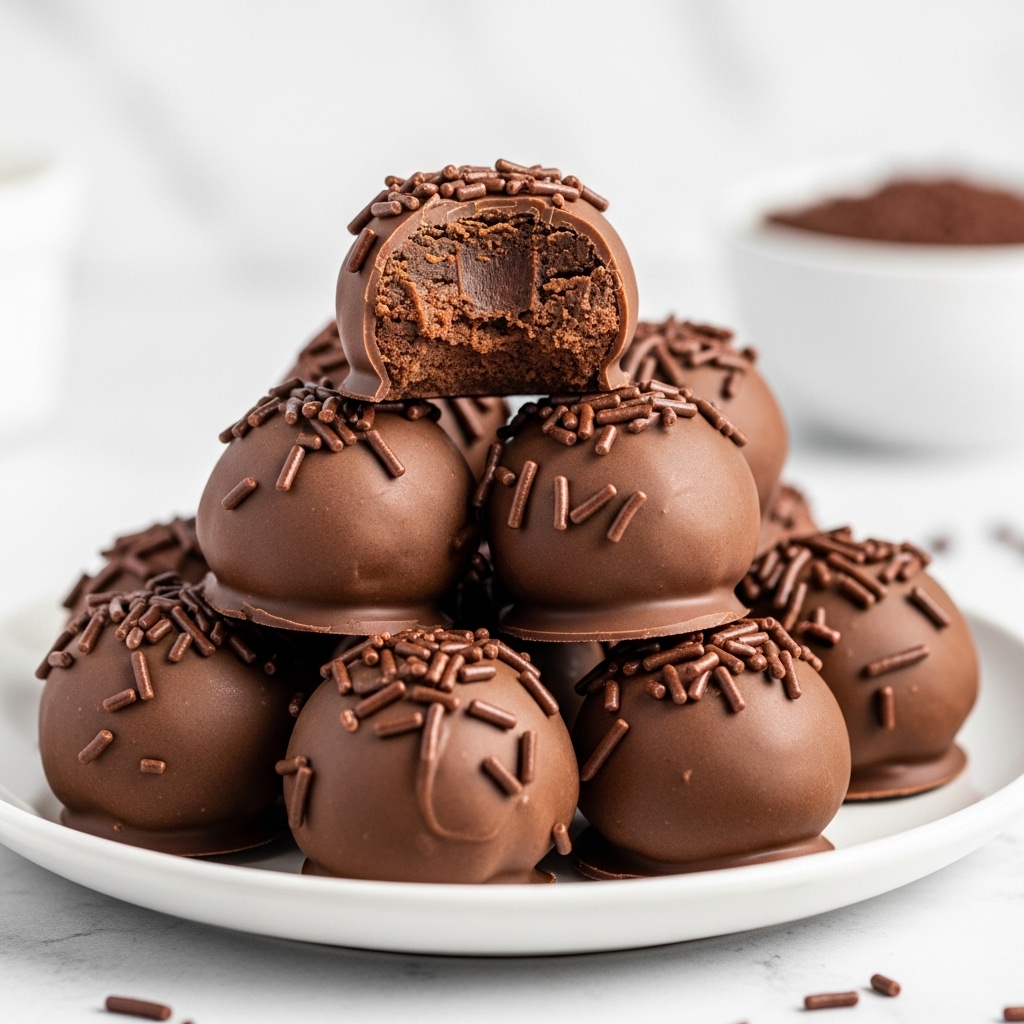 A white plate filled with round chocolate truffles, each coated in smooth milk chocolate and topped with small, thin chocolate sprinkles. The truffles are stacked in a pyramid shape, and the top truffle is bitten into, showing a dense, rich chocolate center with a slightly crumbly texture. The background has a white marbled texture, and a blurred white bowl with more chocolate sprinkles is visible in the distance. photo taken with an iphone --ar 4:5 --v 7