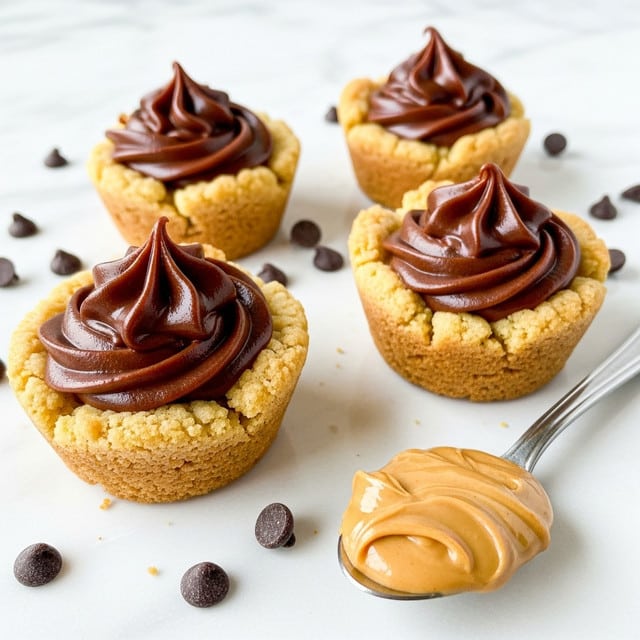 The image shows five small dessert cups made from a golden brown cookie crust that forms both the base and sides, each topped with a thick swirl of smooth, dark chocolate filling. The chocolate is shiny with a slight peak at the center of each swirl. Around the cups are scattered dark chocolate chips on a white marbled surface, and a silver spoon with creamy, tan peanut butter sits in the lower right corner. The arrangement is close-up, highlighting the rich texture of the cookie crust and glossy chocolate. photo taken with an iphone --ar 4:5 --v 7