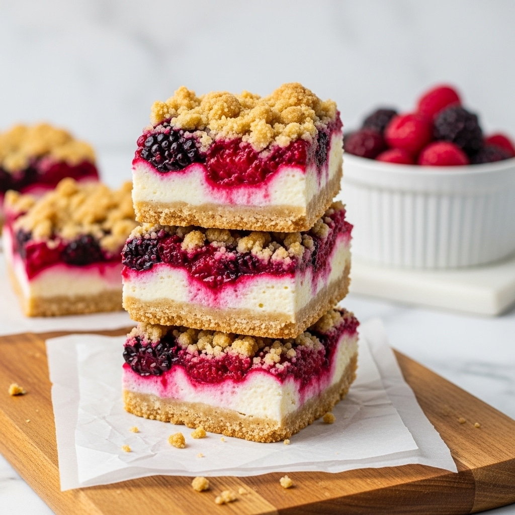 The image shows a stack of three berry crumb bars on a piece of parchment paper placed on a wooden board, all set on a white marbled surface. Each bar has four layers: a light golden-brown crumbly base, a smooth creamy white layer, a mixed berry filling with bright red and deep purple berries, and a crumbly golden topping with a rough texture. The berries are visible in the upper portion of the berry layer and some juices slightly seep into the cream layer, adding color. In the background, there is a white ramekin filled with fresh mixed berries that are slightly out of focus. photo taken with an iphone --ar 4:5 --v 7