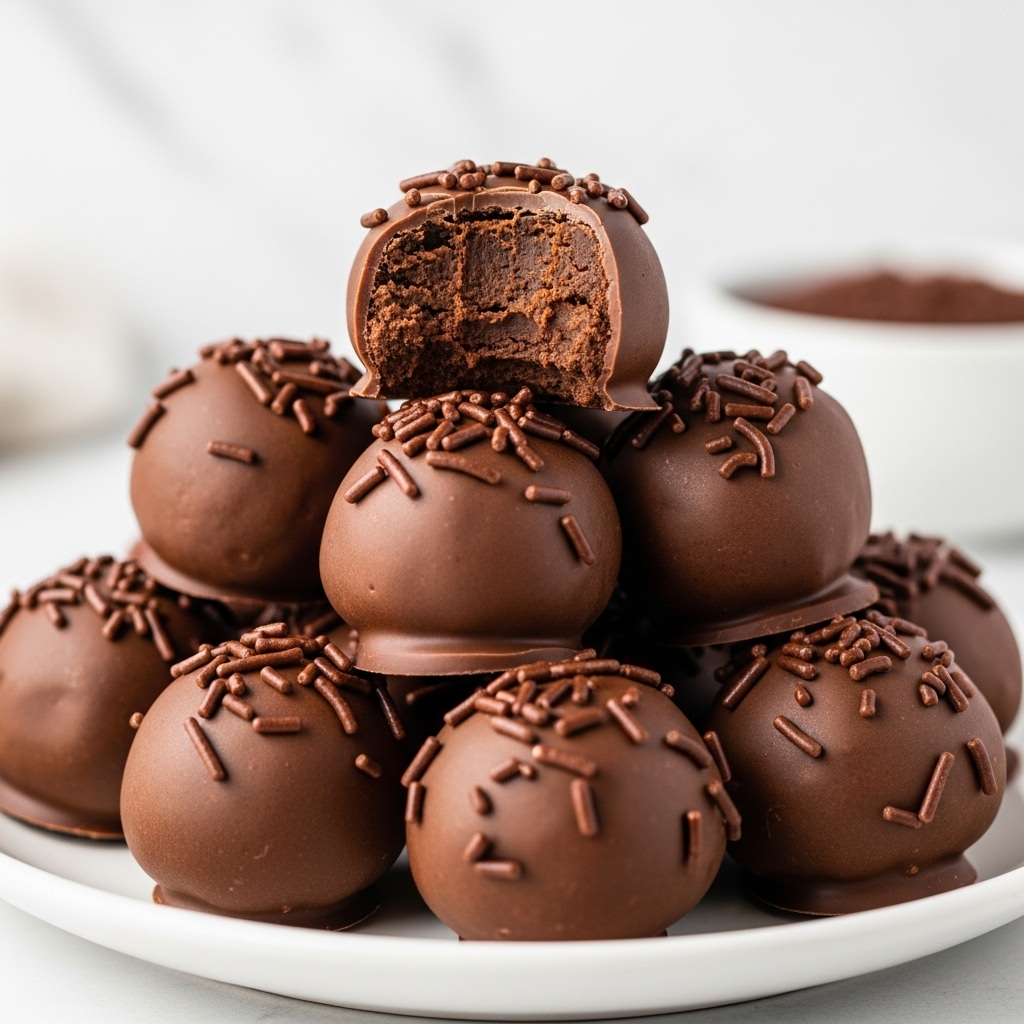 A close-up view of a group of round chocolate truffles piled on a white plate, each covered in smooth milk chocolate with small, dark chocolate sprinkles on top. One truffle at the center has a bite taken out, revealing a dense, rich, slightly crumbly chocolate filling inside. In the background, there is a blurred white bowl with more sprinkles, all set against a white marbled texture. The overall look is creamy and rich with a soft shine on the chocolate shell. photo taken with an iphone --ar 4:5 --v 7