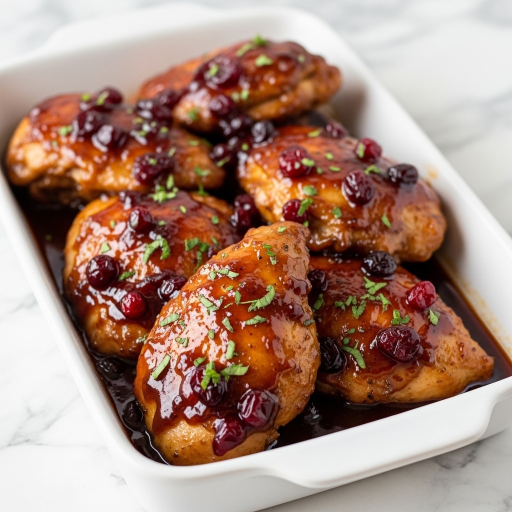 The image shows a white rectangular dish filled with glossy glazed chicken pieces covered in a thick sauce that looks brown with red highlights from cranberries. The chicken is topped with small green herb bits, which add a fresh contrast to the shiny sauce. The background shows a white marbled surface, and the lighting highlights the juicy texture of the chicken and the shine of the glaze. Photo taken with an iphone --ar 4:5 --v 7