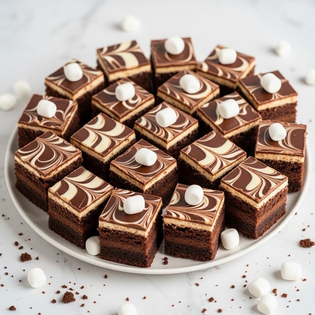 A round white plate is filled with multiple square slices of chocolate brownies arranged closely. Each brownie has two visible layers: a dark brown base layer of rich chocolate cake and a glossy chocolate topping with swirling white cream creating a marbled pattern. Some brownies are topped with a small white marshmallow. The plate sits on a white marbled textured surface with a few scattered brown crumbs and small white marshmallows around. Photo taken with an iphone --ar 4:5 --v 7
