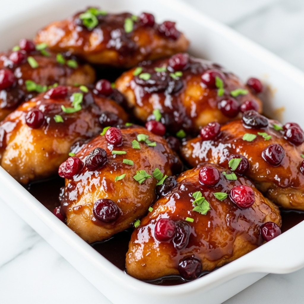 A white square dish filled with six pieces of glazed chicken, each covered in a shiny, dark brown sauce with bright red cranberry-like berries on top. The chicken pieces are garnished with small green herbs sprinkled evenly over the sauce, adding a fresh touch. The glaze looks thick and sticky, creating a glossy texture that highlights the rich color of the sauce. The white marbled background gives the dish a clean and bright setting. photo taken with an iphone --ar 4:5 --v 7