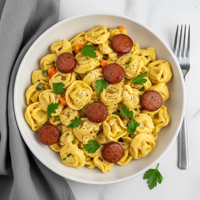 A white bowl is filled with creamy sauce-covered ravioli layered thickly and lightly browned in spots, scattered with round slices of browned sausage. The sauce is rich and smooth with bits of small diced vegetables mixed in. Bright green chopped parsley is sprinkled on top along with a light dusting of black pepper, adding color contrast on the pale sauce and pasta. The bowl sits on a white marbled surface beside a fork resting on a grey cloth. Photo taken with an iphone --ar 4:5 --v 7