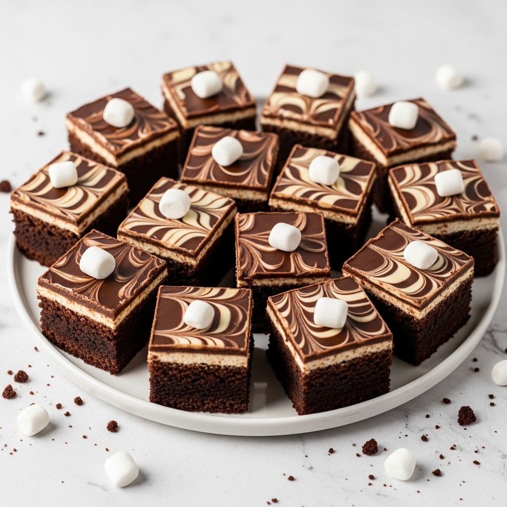 A white plate holds 17 square chocolate brownie pieces arranged in a circle. Each brownie has two visible layers: a dark brown, dense bottom layer and a shiny dark chocolate top layer swirled with white cream in marble patterns. Some brownies are topped with a small white marshmallow, adding a soft contrast to the smooth chocolate surface. The plate is set on a white marbled surface with scattered crumbs and a few marshmallows around it. photo taken with an iphone --ar 4:5 --v 7