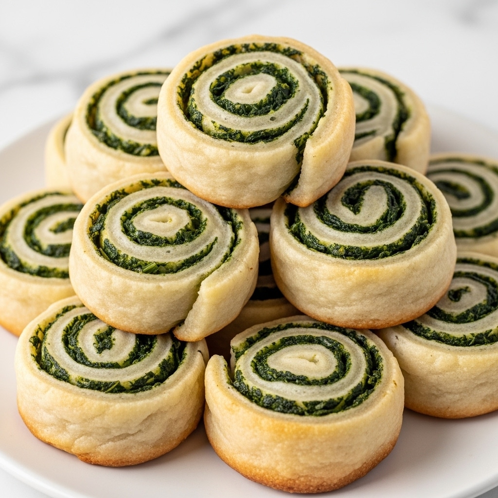 The image shows a close-up of many small round rolls stacked together on a white plate with a white marbled background. Each roll has multiple layers: a light golden brown crispy outer layer, a middle creamy white layer, and a green leafy spiral inside. The rolls look soft inside but with a crunchy texture outside and are tightly rolled with visible swirls of green and white. They are arranged in a small pile, highlighting their round and spiral shape. photo taken with an iphone --ar 4:5 --v 7