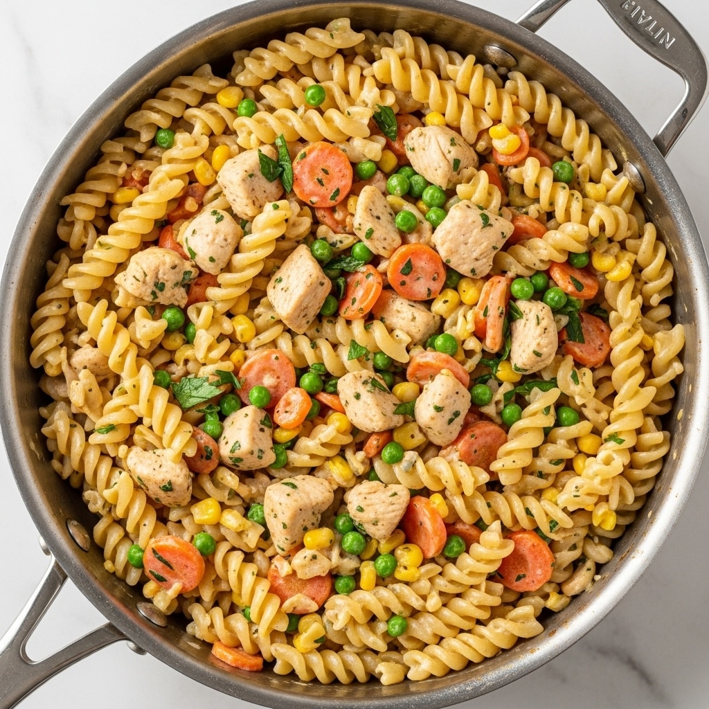 A close-up view of a pan filled with a creamy pasta dish featuring three main layers: spiral rotini pasta in a light beige color twisted all over, mixed with chunks of cooked chicken in a pale brown, and scattered vegetables including bright orange carrot slices, yellow corn kernels, and green peas coated evenly in a creamy white sauce with small green herbs throughout. The pan is metal with a shiny handle, resting on a white marbled surface. photo taken with an iphone --ar 4:5 --v 7