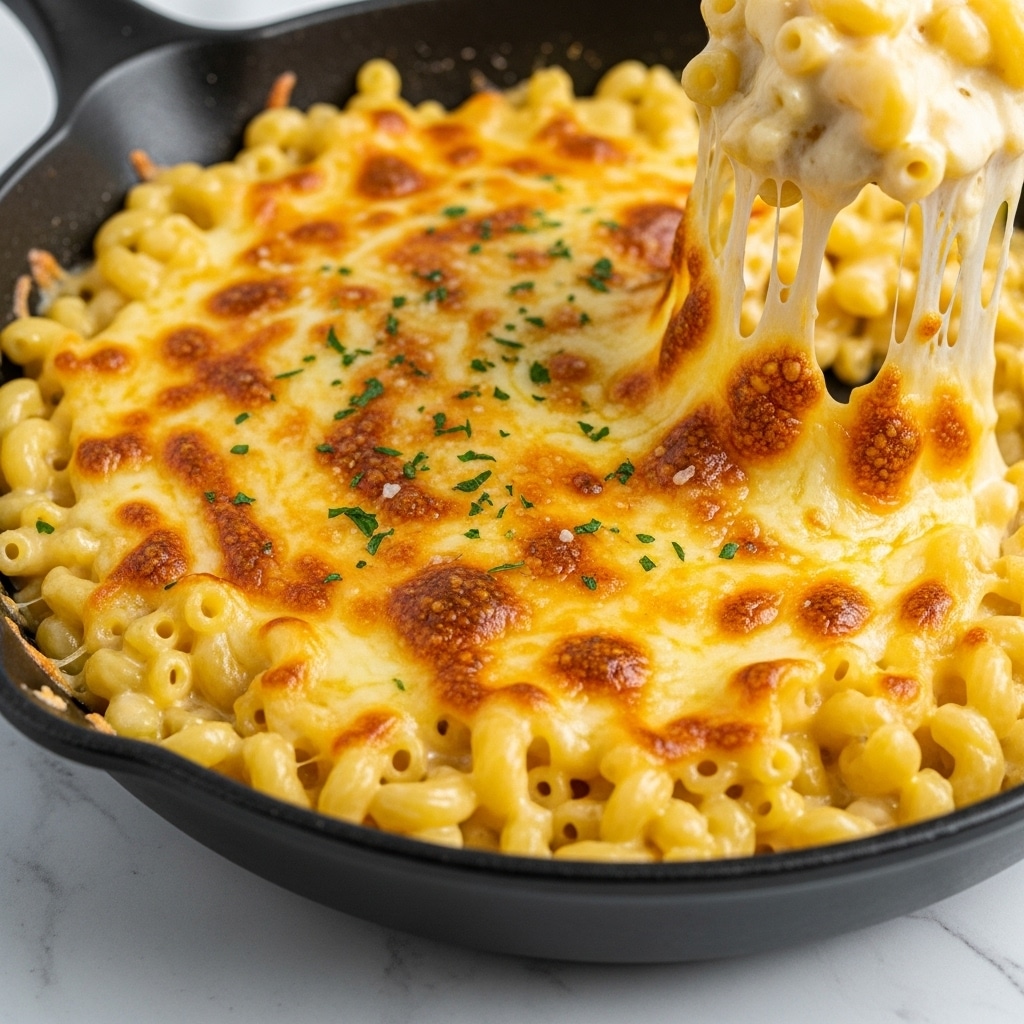 The image shows a close-up of a skillet filled with macaroni and cheese. The dish has about two layers: the bottom layer is creamy yellow macaroni pasta, cooked and covered in melted cheese. The top layer is golden brown melted cheese, bubbling and stretched, with some browned spots and small green herb sprinkles. The skillet sits on a white marbled surface. The texture looks creamy and gooey, with cheese stretching upward as if just scooped. Photo taken with an iphone --ar 4:5 --v 7