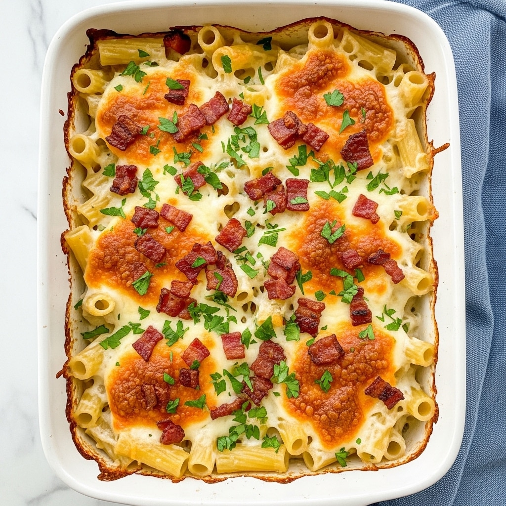 The image shows a baked pasta dish in a white baking dish filled with several layers. The bottom layer consists of tubular pasta coated in a creamy white sauce. On top of the pasta, there are browned melted cheese patches with a slightly golden crust. Scattered throughout the cheese and pasta are small pieces of crispy, dark brown bacon. Bright green chopped parsley is sprinkled evenly across the entire surface, adding color contrast. The edges of the dish show some browned sauce baked onto the sides. The background features a white marbled surface, and the dish sits next to a blue textured cloth. photo taken with an iphone --ar 4:5 --v 7