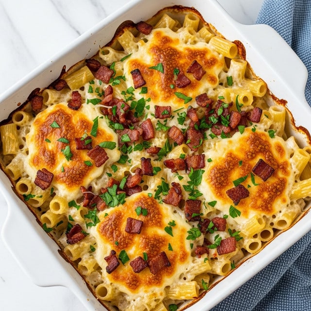 The dish is a baked pasta casserole in a white rectangular baking dish sitting on a blue cloth. The top layer consists of browned melted cheese with a golden crust, scattered with crispy chunks of dark reddish-brown bacon and small bits of fresh green parsley. Below the cheese, visible in spots, are pieces of tubular pasta coated in creamy white sauce. The casserole looks thick and hearty, with textured, uneven surfaces from the baked cheese and bacon. The background is a white marbled surface. photo taken with an iphone --ar 4:5 --v 7