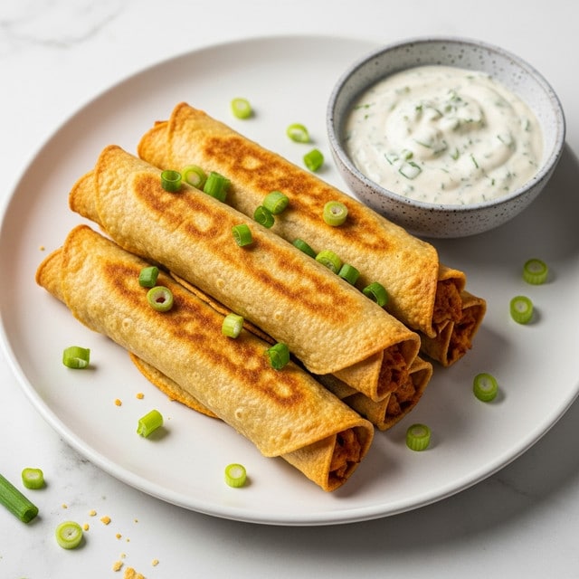 The image shows five golden brown crispy rolled taquitos stacked neatly on a white plate. Each taquito has a lightly textured surface with darker spots indicating they are fried to a crisp. Bright green chopped scallions are sprinkled evenly on top of the taquitos, adding a fresh contrast in color. To the right side of the plate, there is a small bowl filled with white dipping sauce that has small green herb pieces mixed in. The plate sits on a white marbled surface with a few small crumbs scattered around, and the lighting highlights the crispy texture of the taquitos. Photo taken with an iphone --ar 4:5 --v 7