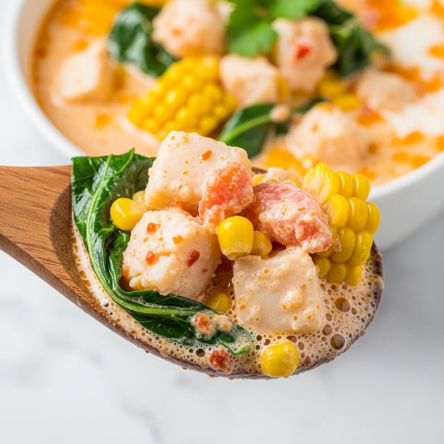 The image shows a wooden spoon scooping a creamy stew filled with chunks of white and pinkish seafood, bright yellow corn kernels, and pieces of bright green leafy herbs. The stew has a soft, bubbly texture with a light orange color mixed with white cream and small red flecks. In the blurred background, more of the same stew is visible in a white bowl on a white marbled surface. Photo taken with an iphone --ar 4:5 --v 7