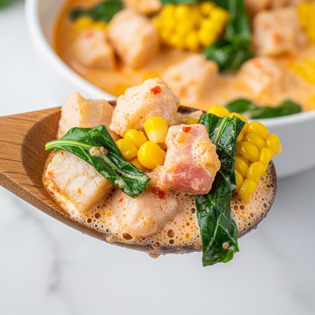 A close-up view of a wooden spoon holding a creamy dish with chunky layers. The top layer shows a thick, yellowish sauce with green leafy pieces, possibly herbs, and some yellow corn kernels. Below this sauce is a slightly reddish creamy layer with visible bits of green herbs and small vegetable pieces. In the background, the dish appears to be in a white bowl, filled with similar creamy, textured contents with small, finely chopped green vegetables mixed throughout. The white marbled texture background adds brightness and contrast to the warm colors of the food. photo taken with an iphone --ar 4:5 --v 7