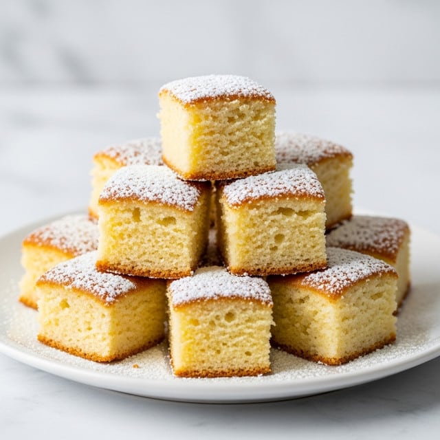 A pile of small, golden brown, crispy cubes stacked on a white plate, each cube showing a soft, light yellow inside with a crunchy outer layer. The cubes are sprinkled with a fine dusting of white powdered sugar, giving a delicate snowy effect on top and around the base. The cubes’ texture looks crunchy outside and soft inside, forming a rough, toasted look on the edges. The plate rests on a white marbled surface with a blurry dark background. photo taken with an iphone --ar 4:5 --v 7