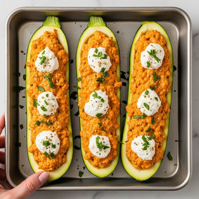 Three stuffed zucchini boats are placed inside a metal baking tray on a white marbled surface. Each zucchini is cut in half lengthwise, hollowed out, and filled with a creamy orange mixture that looks soft and slightly chunky. On top of the filling, small white dollops of cheese and finely chopped green herbs add texture and color contrast. The zucchini skin is dark green with glossy shine, and the tray has a simple, slightly worn look. Photo taken with an iphone --ar 4:5 --v 7