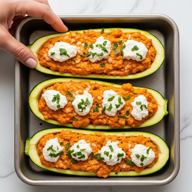 The image shows three zucchini boats cut in half lengthwise, each one filled with a creamy orange mixture that looks soft and chunky. On top of the orange filling, there are dollops of white cheese scattered evenly, and small green herb pieces sprinkled over everything for color. The zucchini skin is dark green, contrasting with the bright orange and white toppings. They are placed in a metal baking tray, and the scene is set on a white marbled surface. A woman's hand is gently holding the edge of one zucchini boat. Photo taken with an iphone --ar 4:5 --v 7